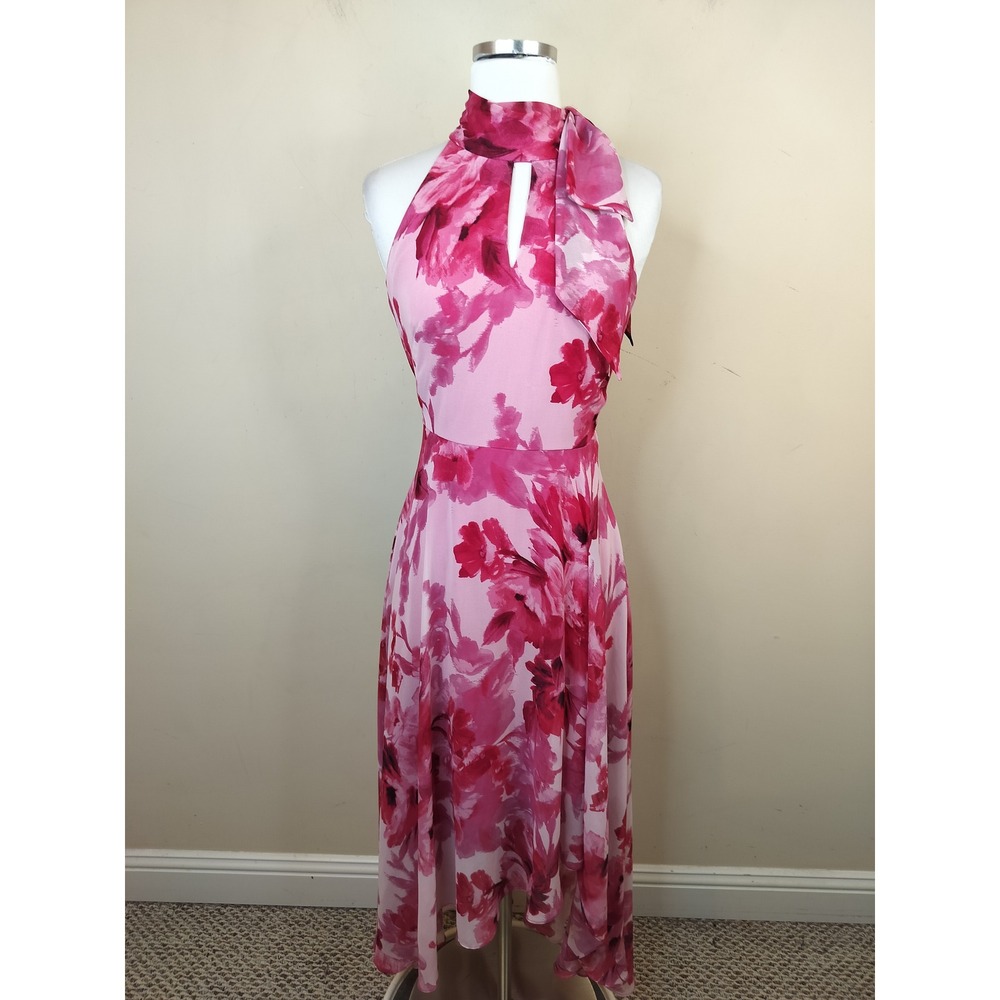White House Black Market Floral Chiffon Midi Dress 00 Halter Neck Pink Hi Low